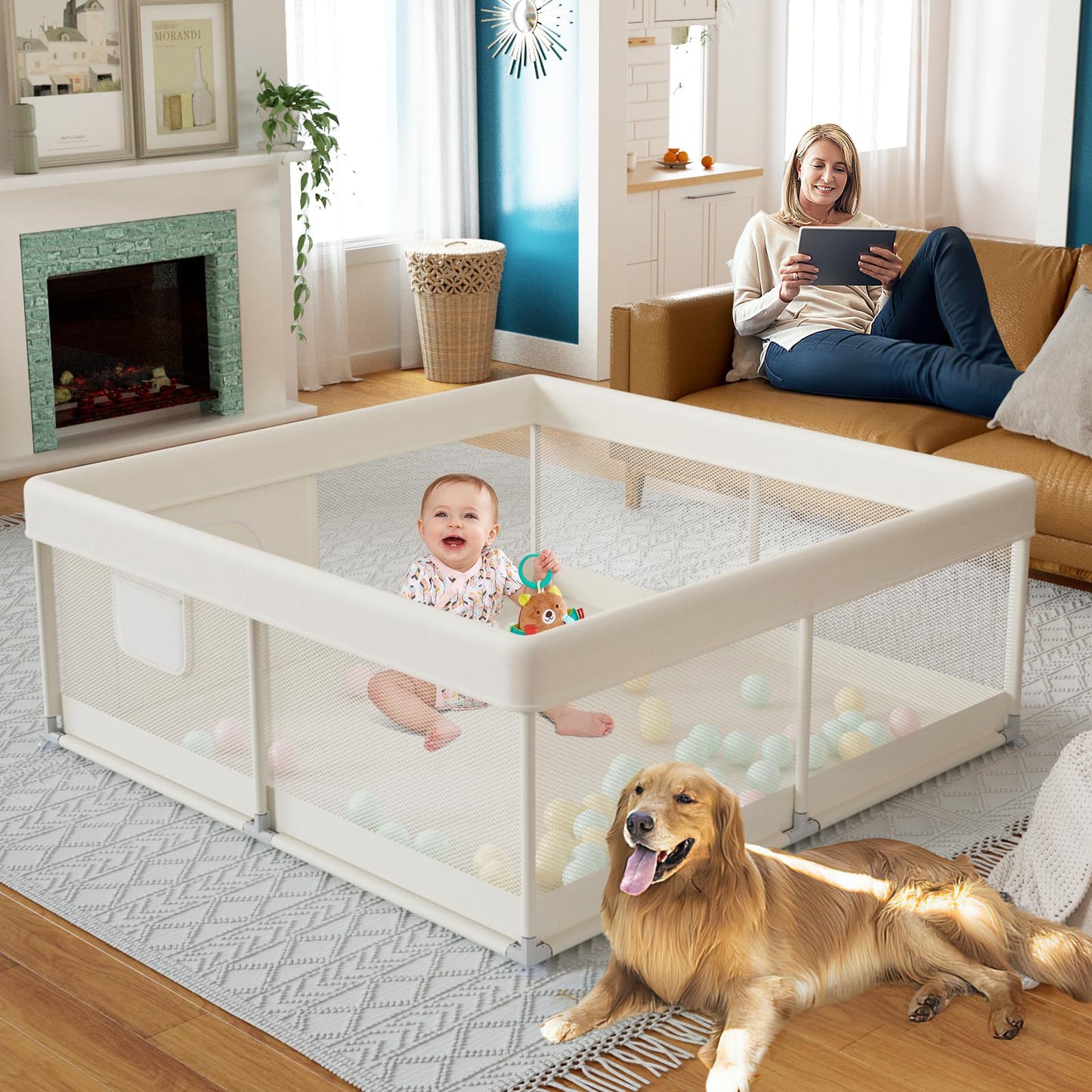 Upgrade-Laufstall für Babys und Kleinkinder mit Handziehring 47 x 47 x 26 Zoll